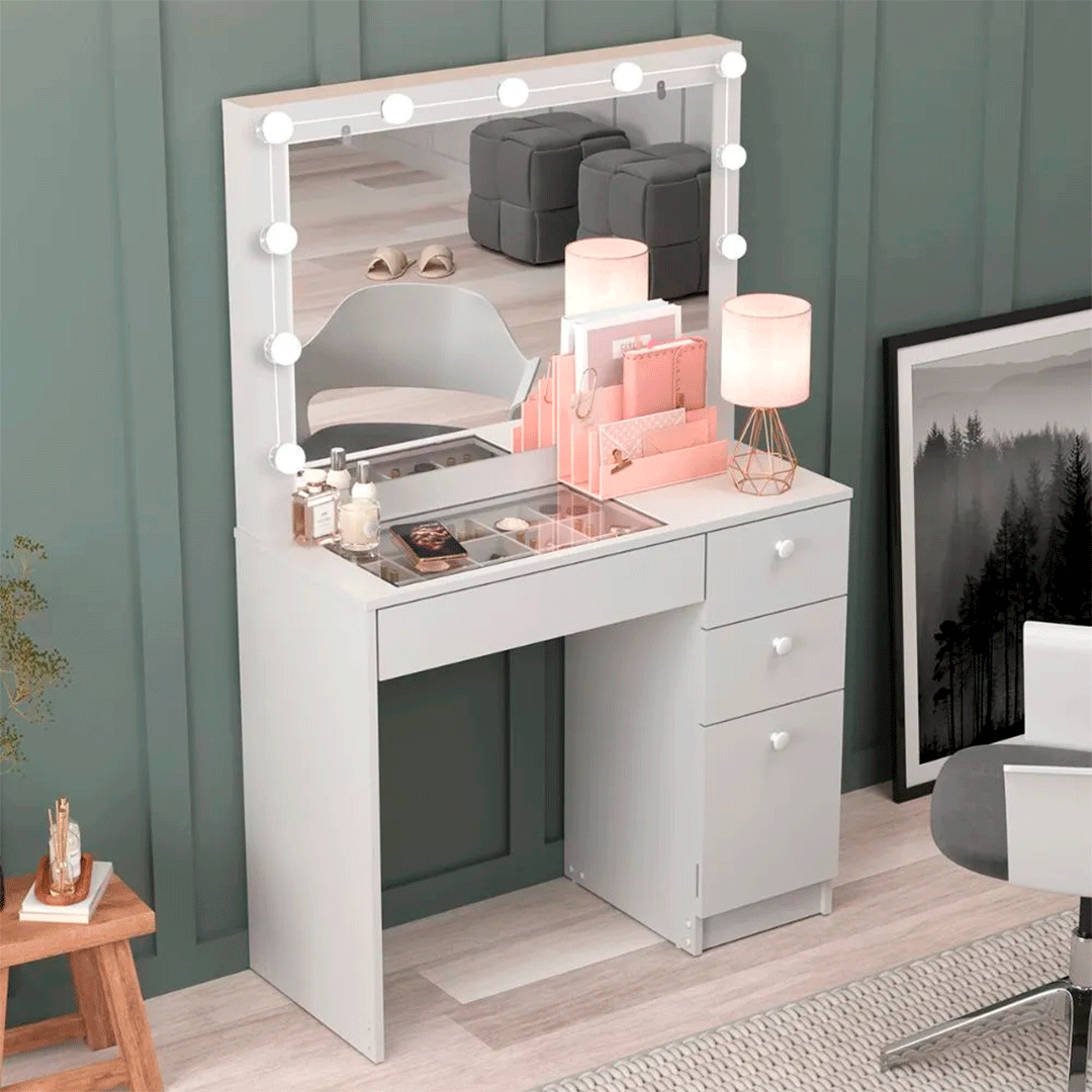 Tocador con Tapa de Vidrio + Kit de Luces PE-120 Cozy Blanco DE REGALO