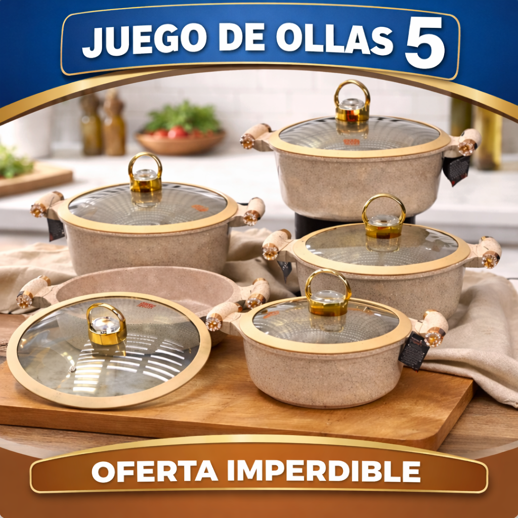 Juego de 5 Ollas de Cerámica Antiadherente con Triple Revestimiento (¡Cociná más rápido y con mucho menos desorden!)